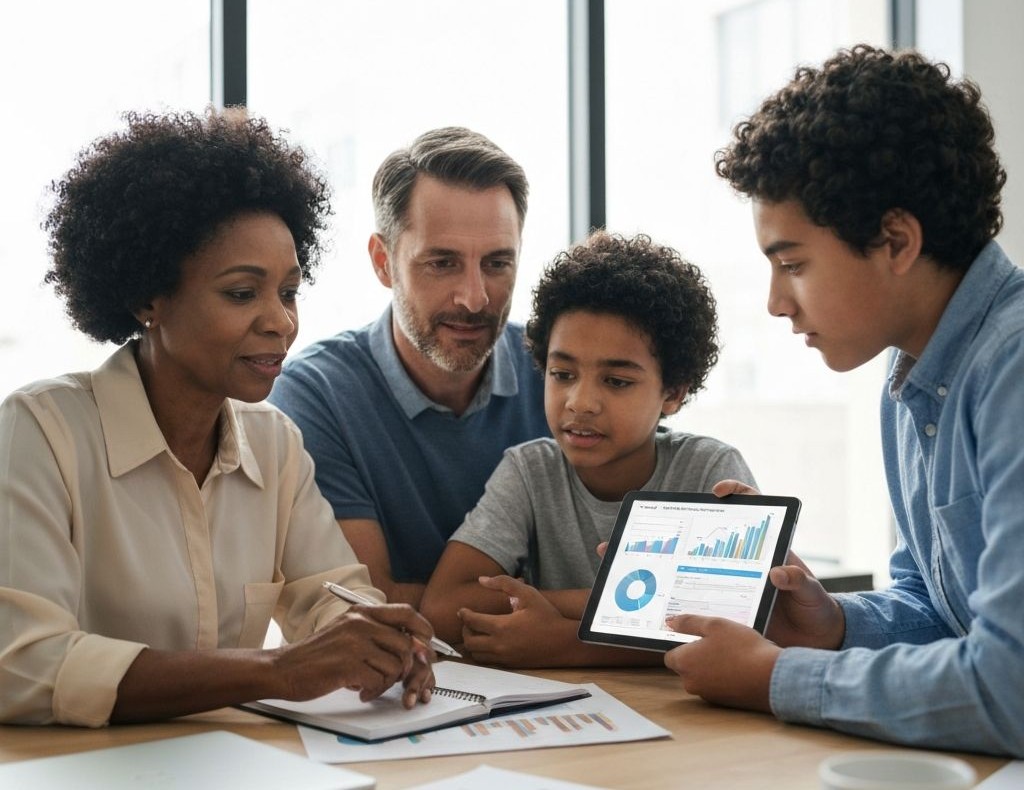 Familia empresaria revisando indicadores financieros en una tablet moderna, con gráficos de KPI en pantalla y documentos de presupuesto sobre mesa de oficina luminosa