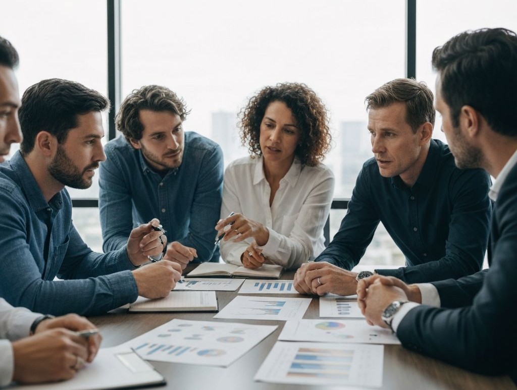 Propietarios de pequeñas y medianas empresas manufactureras reunidos en sala de juntas moderna discutiendo estrategias financieras con documentos y gráficos sobre la mesa
